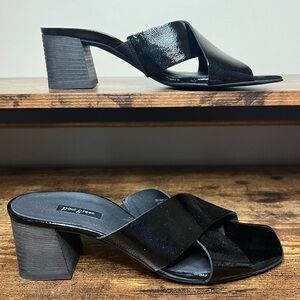 Paul‎ Green Black Slip On Shiny Crisscross Strap Block Heel Sandals Womens 8.5/9